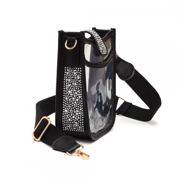 Clear Cross Body Bag With Rhinestone Studded Vegan Leather Walls - Snap Closure - One Outer Open Pocket - Detachable Canvas Strap - Approximately 6" L x 7" T x 2.5" W - Strap Drop 15"- 24" L view 5