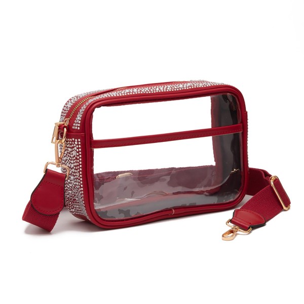 Wholesale clear PU Cross Body Bag Rhinestone Studded Vegan Leather Walls Trim Zi
