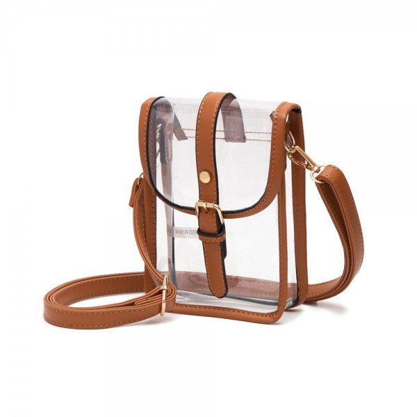 Clear Cross Body Bag With Leather Trim Featuring Snap Latch Buckle Closure

- Adjustable Vegan Leather Strap
- Approximately 7" T x 5" L x 2" W
- Strap Drop 24"- 50" L