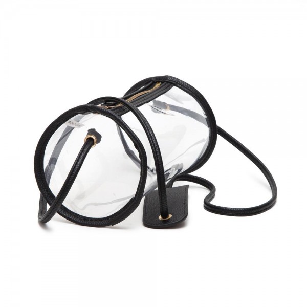 Clear Cylinder Crossbody Bag With Vegan Leather Trim & Shoulder Support Pad - Zip Closure - Approximately 9" L x 5" T x 5" W - Strap Drop: 20" L view 5