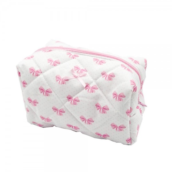 Wholesale quilted Puffer Bow Print Makeup Pouch Zip Closure Plaid Lined Inside L