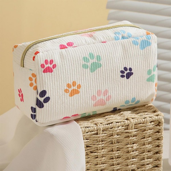 Wholesale paw Print Corduroy Make Up Pouch Full Zipper Closure One Open Pocket T