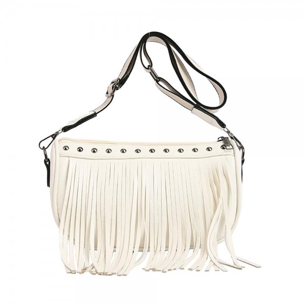Wholesale vegan Leather Fringe Cross Body Bag Cavas Strap Stud Details Full Zipp