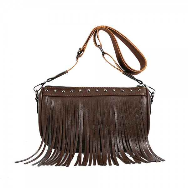 Wholesale vegan Leather Fringe Cross Body Bag Cavas Strap Stud Details Full Zipp