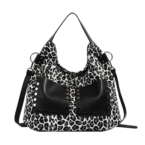 Wholesale leopard Print Cross Body Tote Bag Vegan Leather Stud Details Two Exter