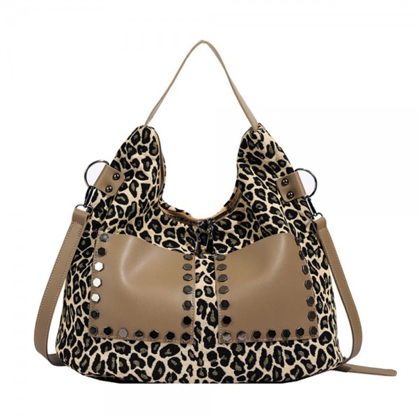 Wholesale leopard Print Cross Body Tote Bag Vegan Leather Stud Details Two Exter