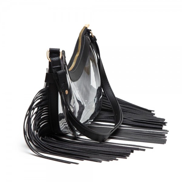 Clear Crossbody Bag With Vegan Leather Trim & Fringe - Zip Closure - Adjustable Strap - Approximately 9" L x 5" T x 2.5" W - Strap Drop: 12"-20" L view 5