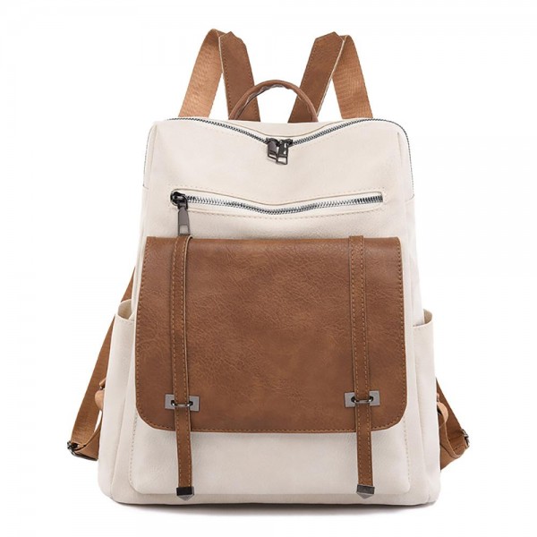 Vegan Leather Backpack With Front Strap Details 
- Full Zip Closure
- 1 Front Flap Pocket With Magnetic Closure
- 1 Front Zipper Pocket
- 1 Back Zipper Pocket
- 2 Open Side Pockets 
- 3 Internal Pockets: 2 Open & 1 Zip
- Slide Adjustable Straps
- Approximately 14" T X 10" L X 5" D