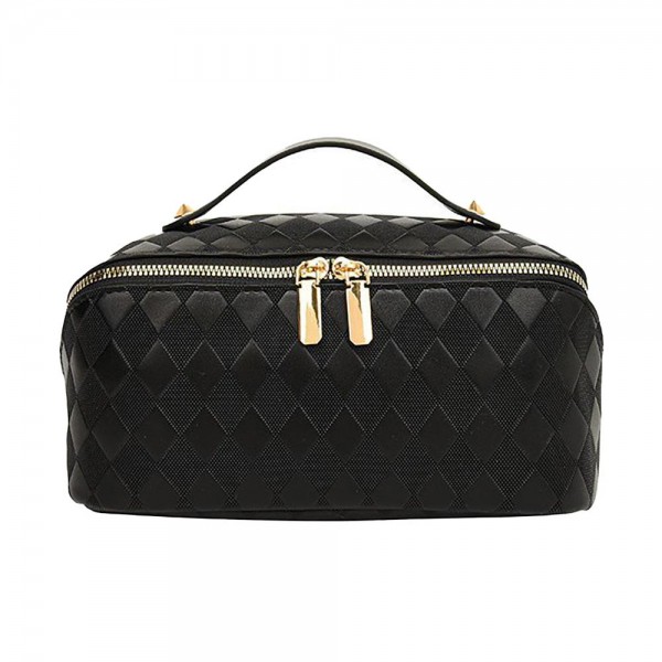Wholesale vegan Leather Diamond Checker Travel Makeup Bag Full Zipper Closure In