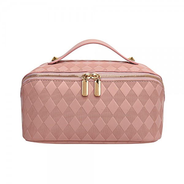 Wholesale vegan Leather Diamond Checker Travel Makeup Bag Full Zipper Closure In