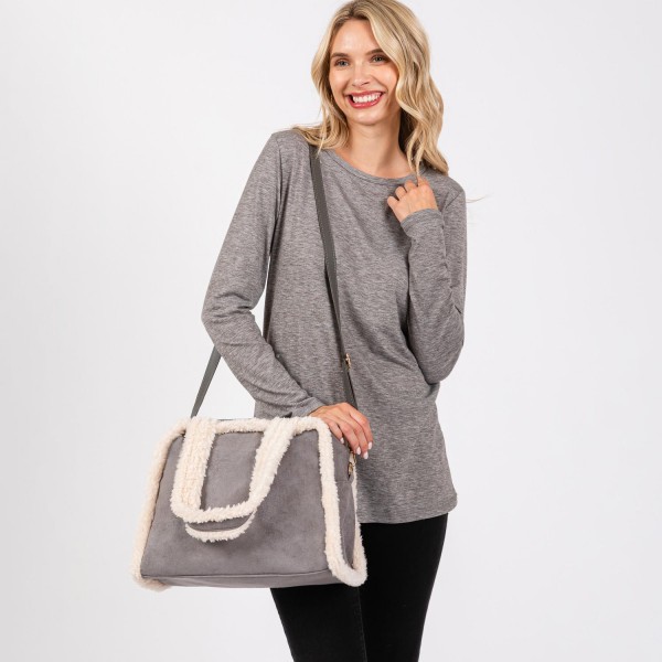 Faux Suede Cross Body Tote Bag With Sherpa Lined Edges - Full Zip Closure - Lined Body - 3 Inner Pockets: 1 Zip & 2 Open - Approximately 12" L X 9" T x 4.5" D - Removable / Adjustable Crossbody Strap 24"-48" L - 85% Polyester / 15% PU view 5