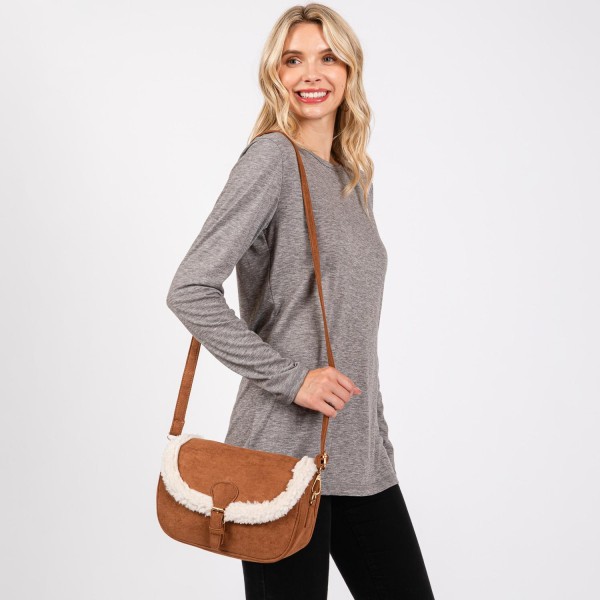 Velvet Cross Body Bag With Sherpa Detail & Buckle Closure - Magnetic Buckle Closure - Removable / Adjustable Strap - Lined Body - 3 Internal Pockets - 2 Open & 1 Zip Closure - Approximately 9" W X 6"T X 2.5" D - Strap 24-48" L - 100% Polyester view 5