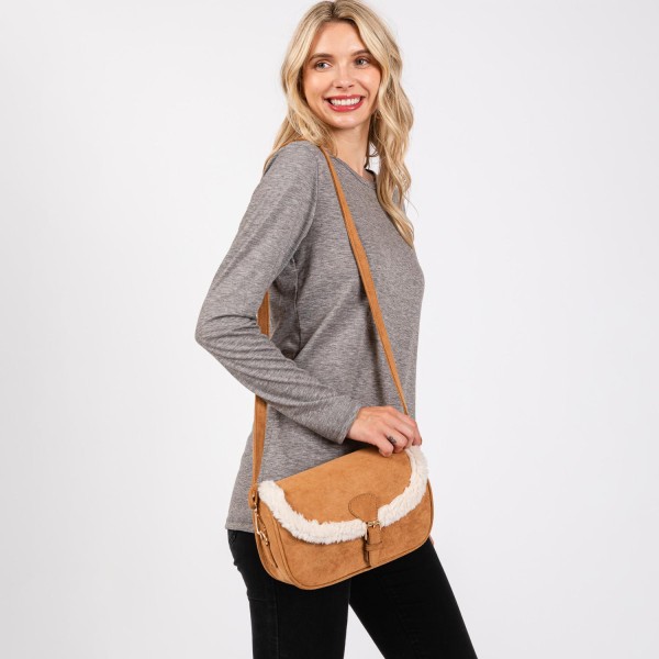 Velvet Cross Body Bag With Sherpa Detail & Buckle Closure - Magnetic Buckle Closure - Removable / Adjustable Strap - Lined Body - 3 Internal Pockets - 2 Open & 1 Zip Closure - Approximately 9" W X 6"T X 2.5" D - Strap 24-48" L - 100% Polyester view 5