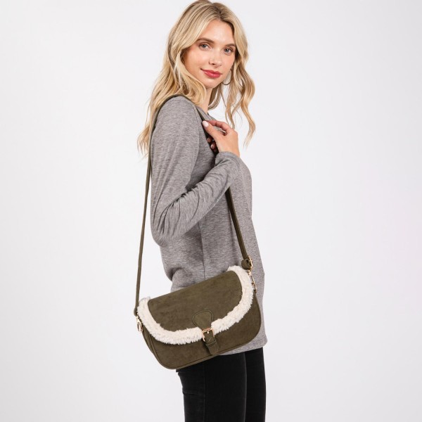 Faux Suede Cross Body Bag With Sherpa Detail & Buckle Closure - Magnetic Buckle Closure - Removable / Adjustable Strap - Lined Body - 3 Internal Pockets - 2 Open & 1 Zip Closure - Approximately 9" W X 6"T X 2.5" D - Strap 24-48" L - 100% Polyester view 5
