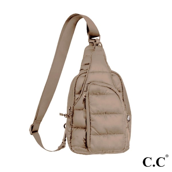 C.C BGS4490
Puffer Padding Sling Bag
- Full Zipper Closure
- Main Body: One Mesh Pocket & One Open Pocket 
- Front Open Pocket With Clip Closure
- Front Zipper Pocket / Back Open Pocket
- Side Adjustable Sling Strap
- Approximately 6" L X 8.5" T X 2" D
- Strap Adjustable 22-42" L