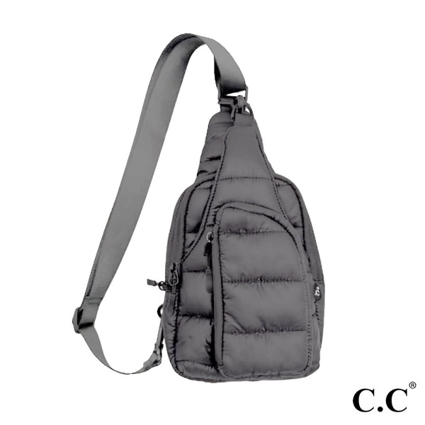 C.C BGS4490
Puffer Padding Sling Bag

- Full Zipper Closure
- Main Body: One Mesh Pocket & One Open Pocket 
- Front Open Pocket With Clip Closure
- Front Zipper Pocket / Back Open Pocket
- Side Adjustable Sling Strap
- Approximately 6" L X 8.5" T X 2" D
- Strap Adjustable 22-42" L