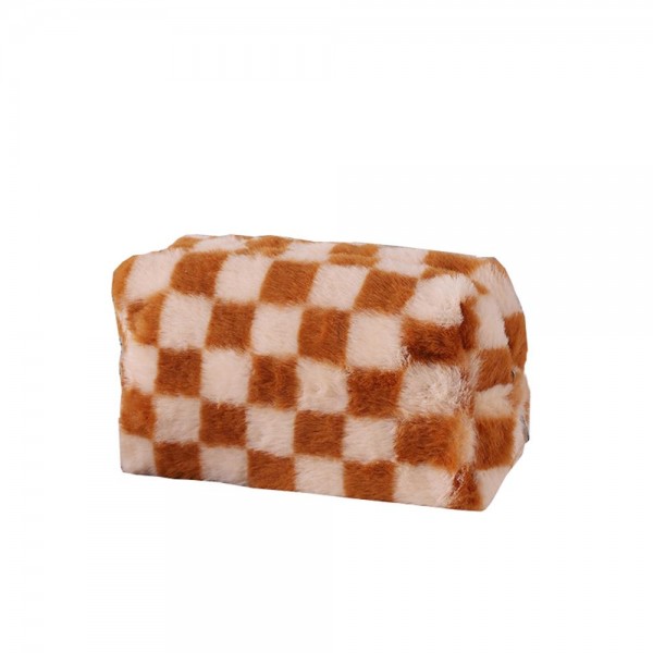 Wholesale faux Fur Checker Make Up Pouch Full Zipper Closure Lined Body T L D