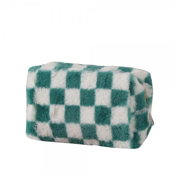 Wholesale faux Fur Checker Make Up Pouch Full Zipper Closure Lined Body T L D