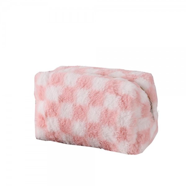 Wholesale faux Fur Checker Make Up Pouch Full Zipper Closure Lined Body T L D