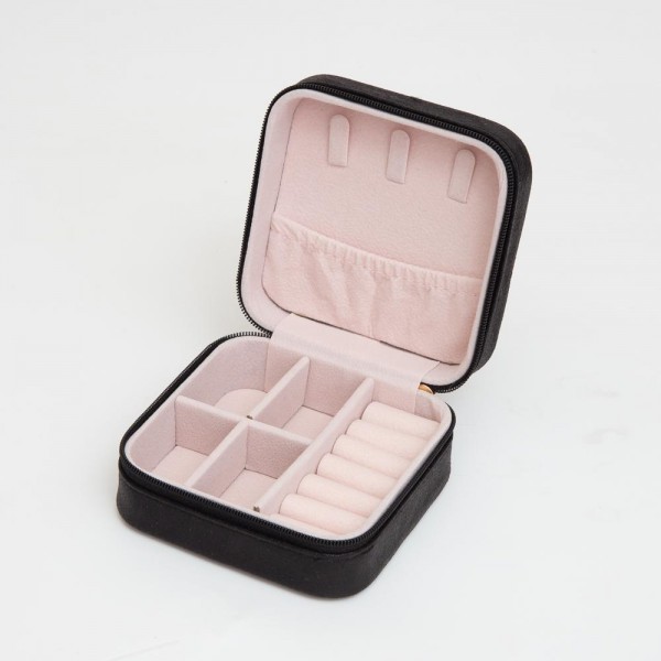 Rhinestone Studded Jewelry Box
- Full Zipper Closure
- Removable Divider Organizer
- 6 Ring Slots & 3 Necklace Hooks
- Approximately 3.5" L X 3.75" T X 2" D