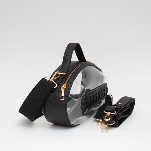 Clear Crossbody Football Bag With Vegan Leather Trim 
- Zip Closure
- Two Removable Straps: Leather & Canvas
- Approximately 6.5" T X 10.5" L X 2.5" W
- Straps Adjustable: 30" L