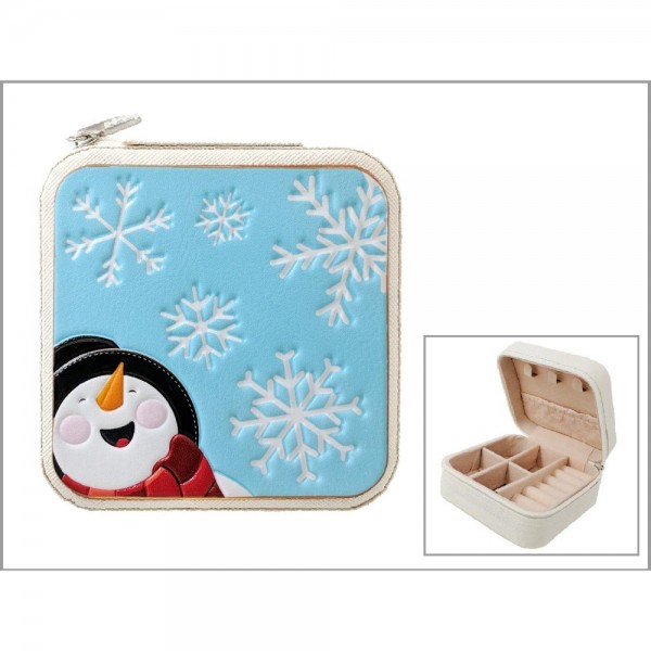 Wholesale embossed Vegan Leather Snowman Snowflakes Travel Jewelry Box Full Zipp