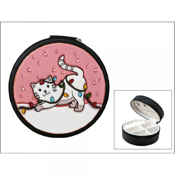 Wholesale embossed Vegan Leather Christmas Cat Travel Jewelry Box Full Zipper Cl