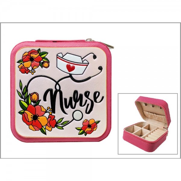 Wholesale embossed Vegan Leather Nurse Flowers Travel Jewelry Box Full Zipper Cl