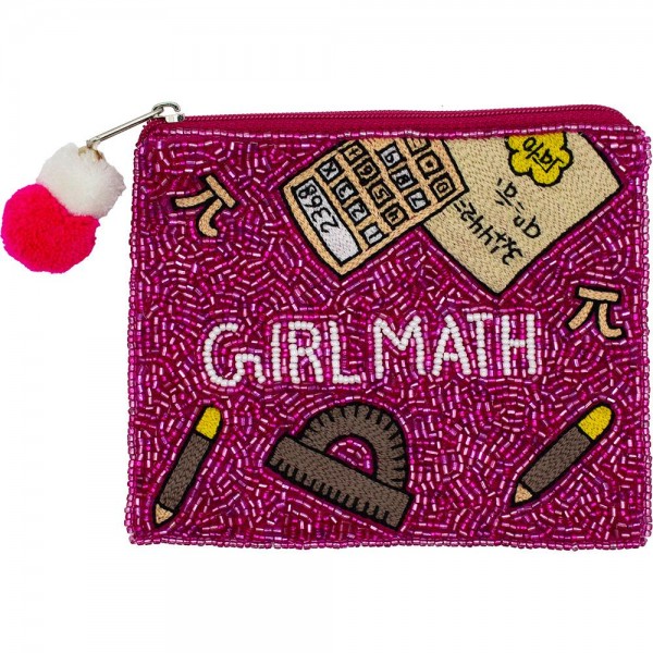 'GIRL MATH' Seed Beaded Canvas Bag With Pom Pom Zipper

- Fully Lined Inside
- 100% Cotton Bag
- Approximately 5.5" W X 4.5" L