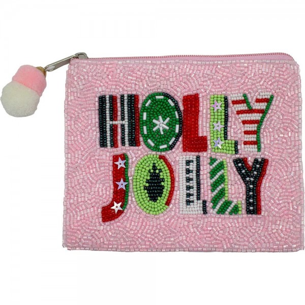 Wholesale holly Jolly Seed Beaded Canvas Bag Pom Pom Zipper Fully Lined Inside