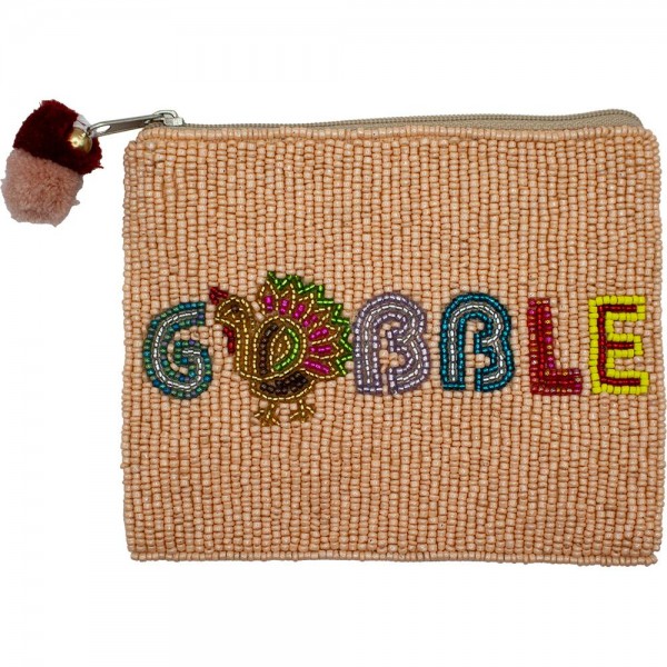 Wholesale gOBBLE Seed Beaded Canvas Bag Pom Pom Zipper Fully Lined Inside Cotto