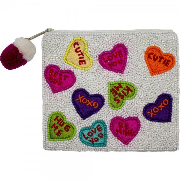 Wholesale valentine s Day Hearts Seed Beaded Canvas Bag Pom Pom Zipper Fully Lin
