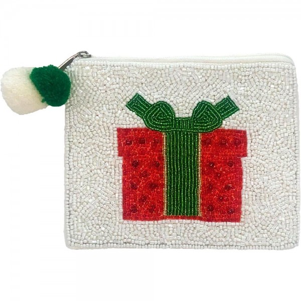 Wholesale christmas Present Seed Beaded Canvas Bag Pom Pom Zipper Fully Lined In