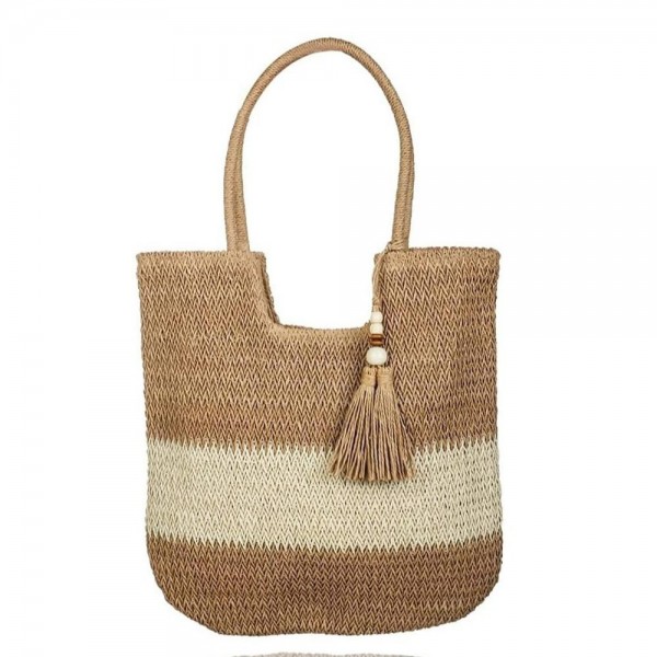 Two Tone Woven Straw Tote Bag With Wood Beaded Tassel Detail 

- Zip Closure
- Lined Body
- 1 Open Pocket 
- Approximately 16" L X 16" T 
