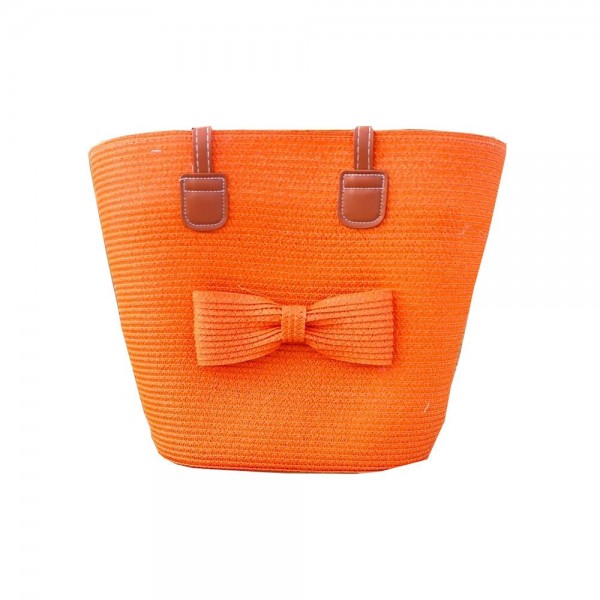 Wholesale woven Straw Tote Bag Straw Bow Accent Vegan Leather Straps Zip Closure