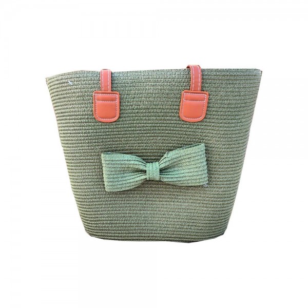 Wholesale woven Straw Tote Bag Straw Bow Accent Vegan Leather Straps Zip Closure