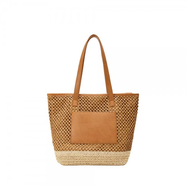 Wholesale woven Straw Tote Bag Vegan Leather Accents Zip Closure Outer Open Pock