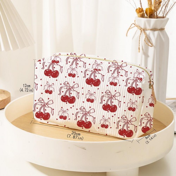 Wholesale cherry Bows Corduroy Make Up Pouch Full Zipper Closure One Open Pocket