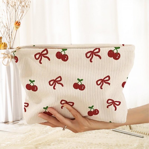 Wholesale corduroy Bows Cherries Pouch Zip Closure Lined Body L T D