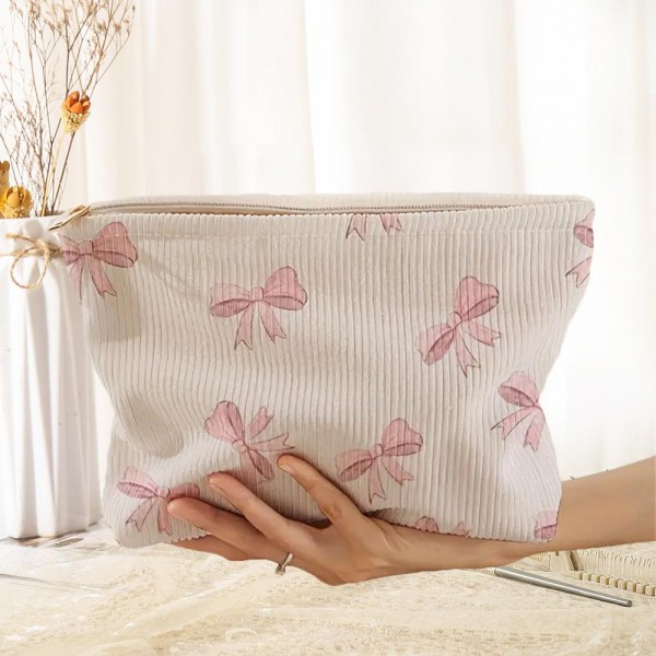 Wholesale corduroy Pink Bows Pouch Zip Closure Lined Body L T D