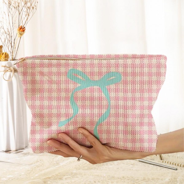 Wholesale corduroy Plaid Bow Pouch Zip Closure Lined Body L T D