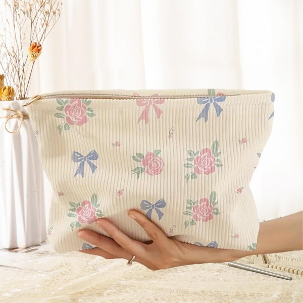 Wholesale corduroy Roses Bows Pouch Zip Closure Lined Body L T D