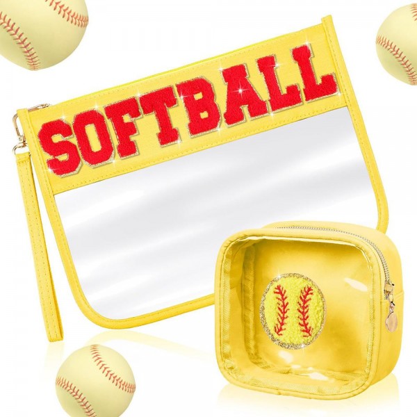 Wholesale set Two Clear Pouches Softball Glitter Chenille Patches Softball Pouch