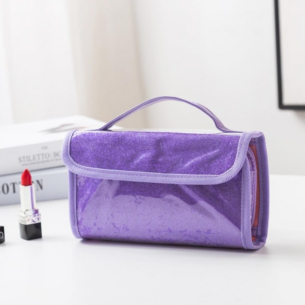 Wholesale foldable Glitter Make Up Bag Vegan Leather Handle Snap Closure Clear Z