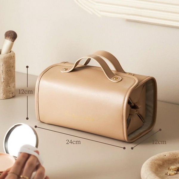 Wholesale foldable Vegan Leather Toiletry Bag Double Handles Snap Closure Remove