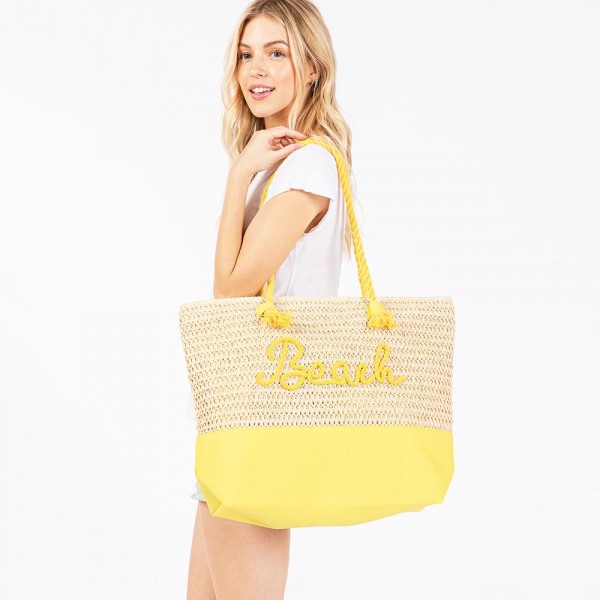 Canvas & Woven Straw Tote Bag With Rope Straps Featuring Sewn Rope "Beach" Detail - Full Zipper Closure - Lined Body with Open Pocket - Approximately 20" L X 15"T X 5" D - Strap Drop 10" L - 70% Paper / 30% Polyester view 5