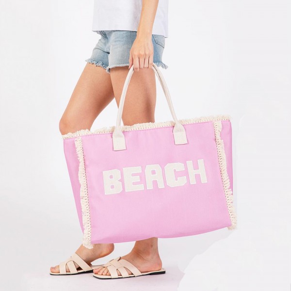 Canvas Tote Bag With "BEACH" Embroidered Canvas Patches Featuring Fringes Accents - Full Zipper Closure - Lined Body with Open Pocket - Approximately 22.5" L X 13.5" T X 5" D - Strap Drop 8" L - 100% Polyester view 5