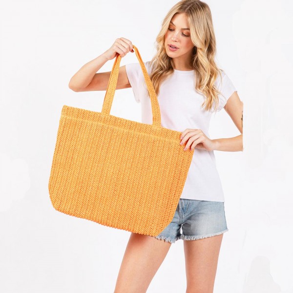Woven Straw Tote Bag - Full Zipper Closure - Lined Body with Two Open Pockets - Approximately 19.5" L X 15" T X 6.6" D - Strap Drop 11" L - 100% Paper view 5