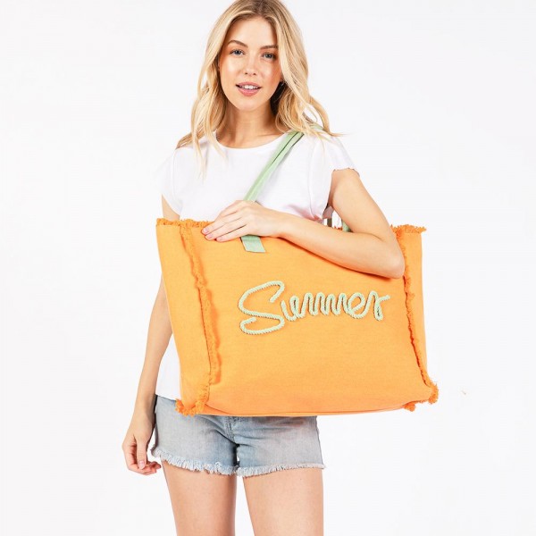 Sewn Rope 'Summer' Letter Fringed Canvas Tote Bag

- Full Zipper Closure
- Lined Body with Open Pocket
- Approximately 17.5" W X 14"T X 5" D
- 100% Polyester 