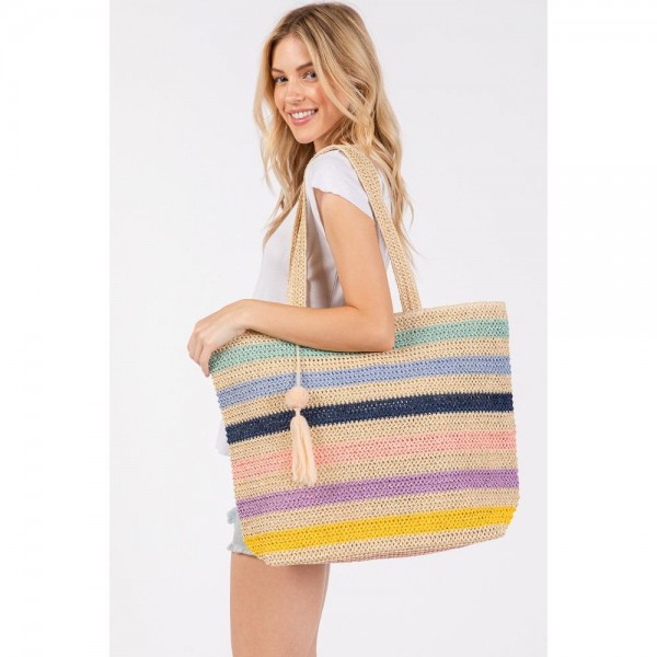 Striped Straw Crochet Tote Bag With Pom Pom Tassel 

- Full Zipper Closure
- Lined Body With Open Pocket
- Approximately 20"L X 15"T X 5.5"D
- 100% Paper